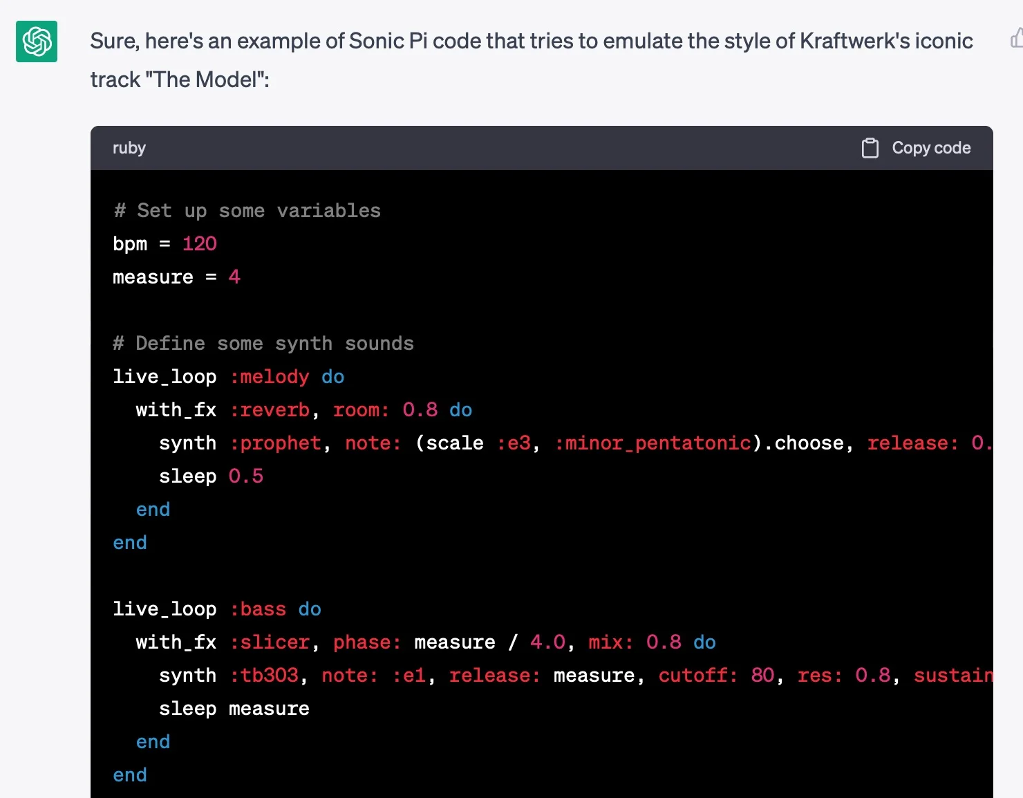 ChatGPT code for music app Sonic Pi